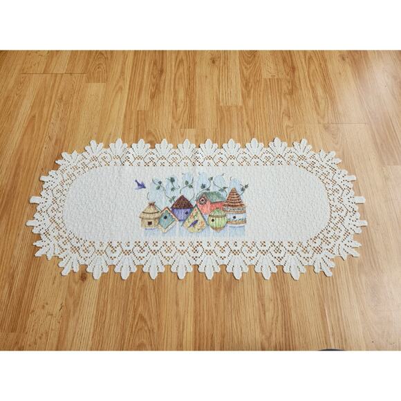 Lace Table Runner Birdhouses Spring Cottage 36.5x14 White Doily Decor Coquette - Picture 1 of 8
